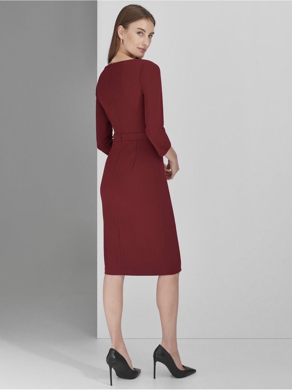 Andrew Marc Elbow Sleeve Neck Tie Burgundy Sheath Pencil Dress Size 12 Large - Picture 3 of 3